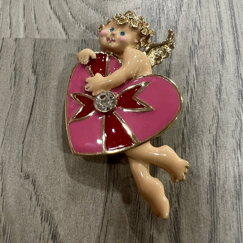 Vintage Bob Mackie Gold Toned Enamel Cupid Heart Brooch